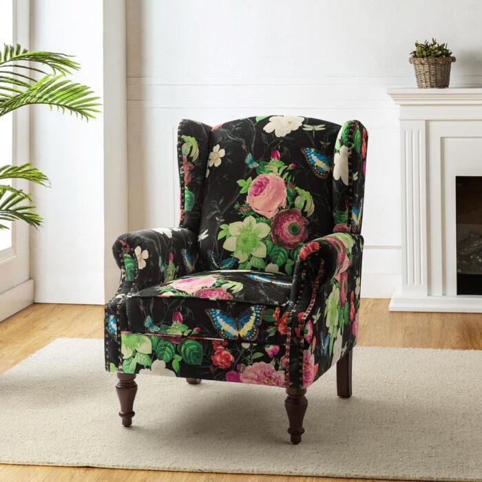 Gille Traditional Black Upholstered Wingback Accent Chair with Spindle Legs