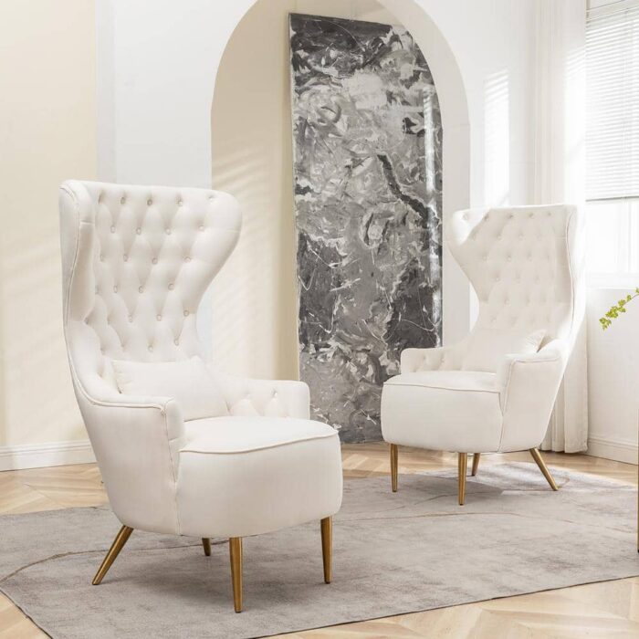 Cream Upholstered Tufted Velvet High Wingback Chair (Set of 2)
